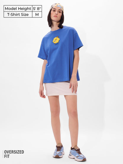 The Souled Store Duck You Women and Girls Short Sleeves Round Neck Blue Towelling Embroidered Cotton Oversized T-Shirts