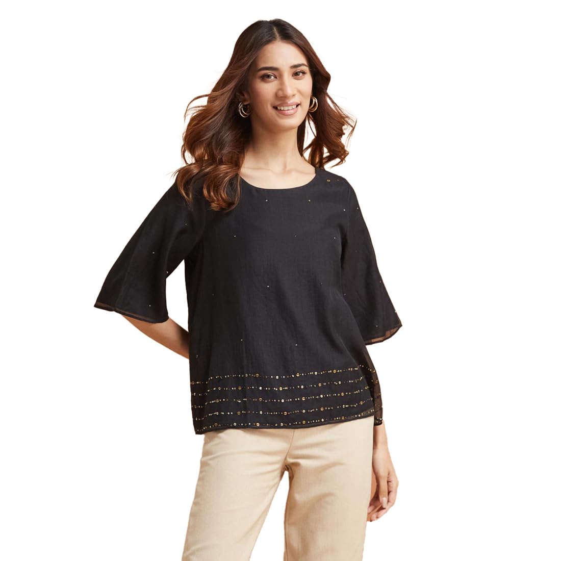 Fabindia WomenS Embellished Regular Fit Top (1038714Black_Black