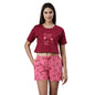 Pepe Jeans Cotton Crop T-Shirt And Shorts Sleepwear Set For Women | Comfortable Soft Printed Nightsuit, Nightwear - Beet Red - S