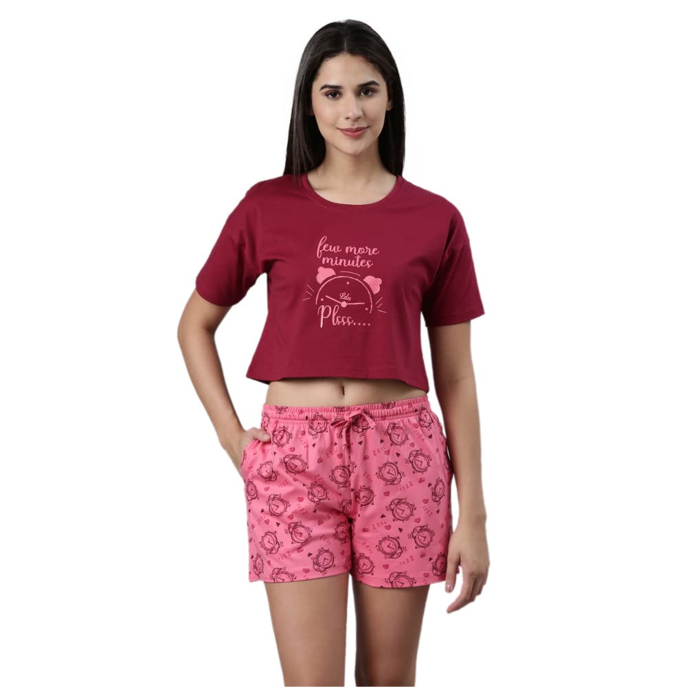 Pepe Jeans Cotton Crop T-Shirt And Shorts Sleepwear Set For Women | Comfortable Soft Printed Nightsuit, Nightwear - Beet Red - M