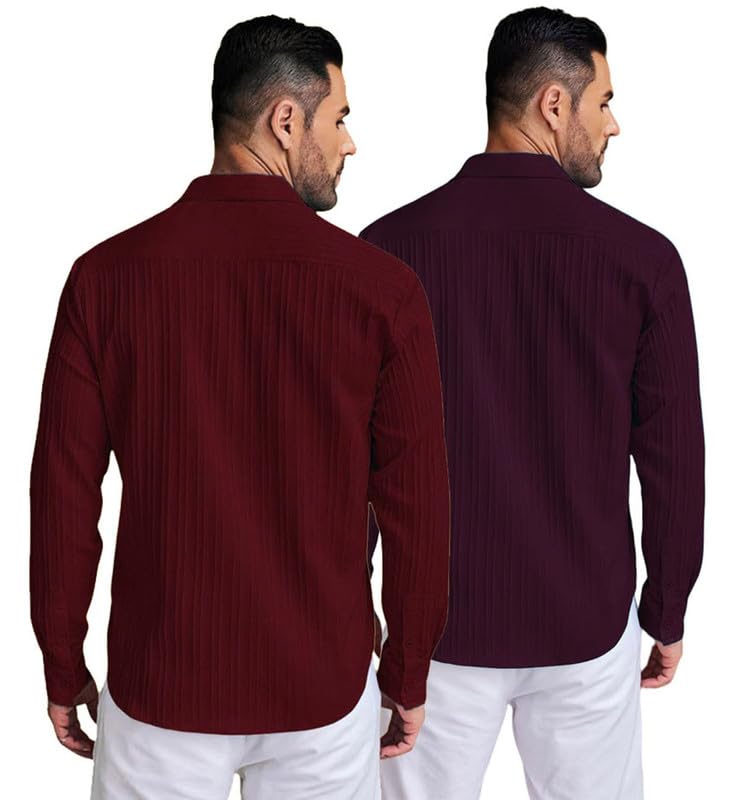 Deelmo Combo Of MenS Casual Button Down Shirts Long Sleeve Linen Shirt Fashion Textured Summer Shirts Pack Of 2