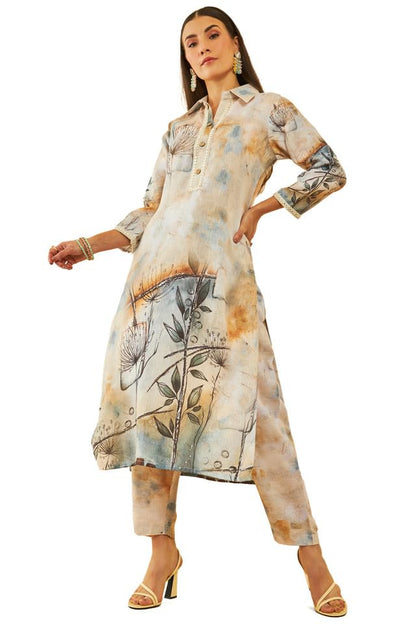Soch Womens Beige Poly Linen Abstract Print Co-Ord Set With Faux Mirror