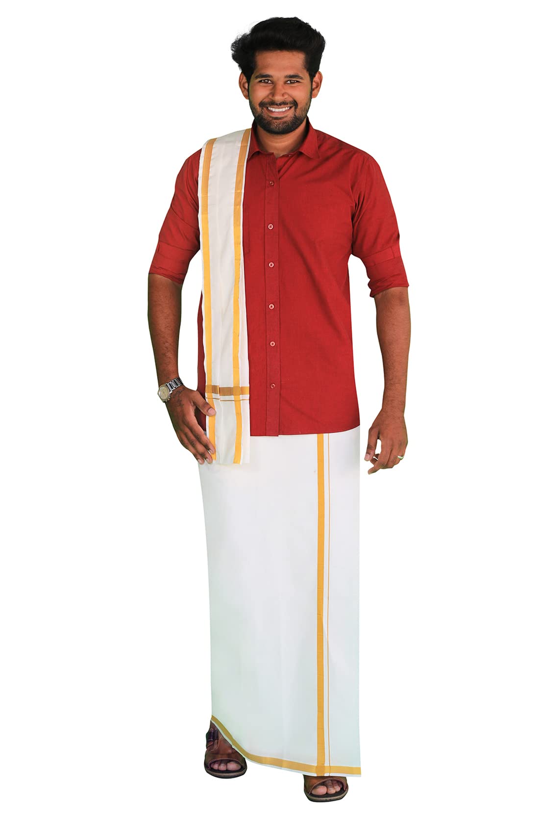Prakasam Cotton Mens Flexi Size Welcro Pocket Readymade Dhoti +Matching Jari Cotton Single Towel Set Only (Shirt Not Included)