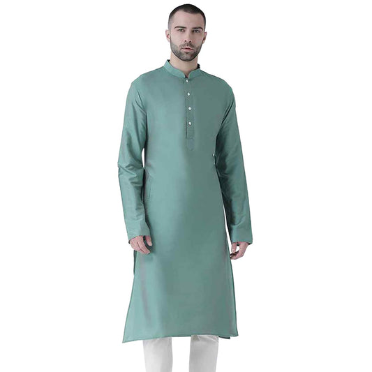 Kisah Men Seafoam Green Solid Straight Kurta Full Sleaves, Knee Length, Straight, Regular Fit, Mandarin Collar Ethnic Casual Wea