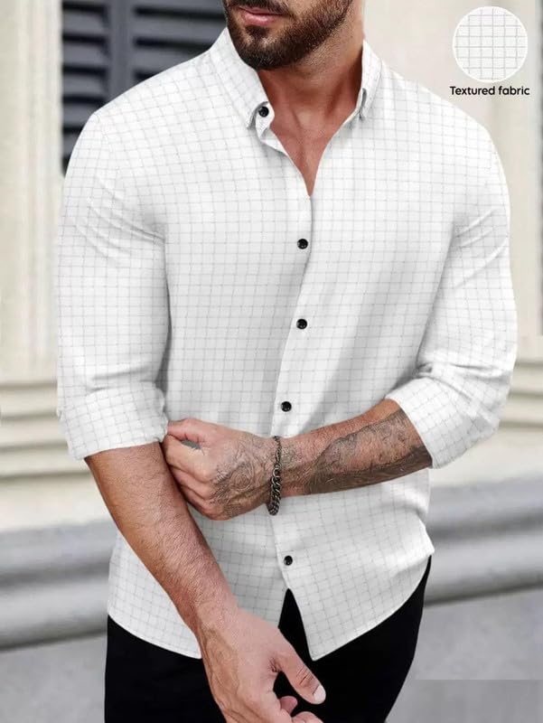 Deelmo MenS Regular Fit Checks Pattern Polyester Blend Shirt With Collared Neck Long Sleeve And Standard Length | Shirt For Man