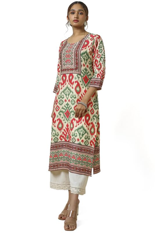 Soch Womens Cream Linen Blend Abstract Print Kurta with Mirror Work
