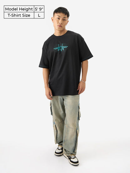 The Souled Store Official Top Gun: Blueprint Men and Boys Short Sleeve Round Neck Black Graphic Printed Cotton Oversized T-Shirt