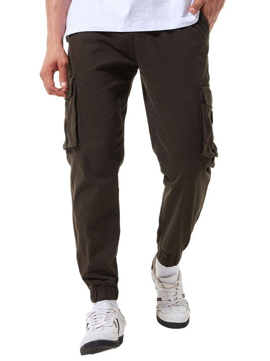 Bewakoof Mens Solid Oversized Fit Cotton Blend Cargo Trousers_ 620443 Brown_ 38