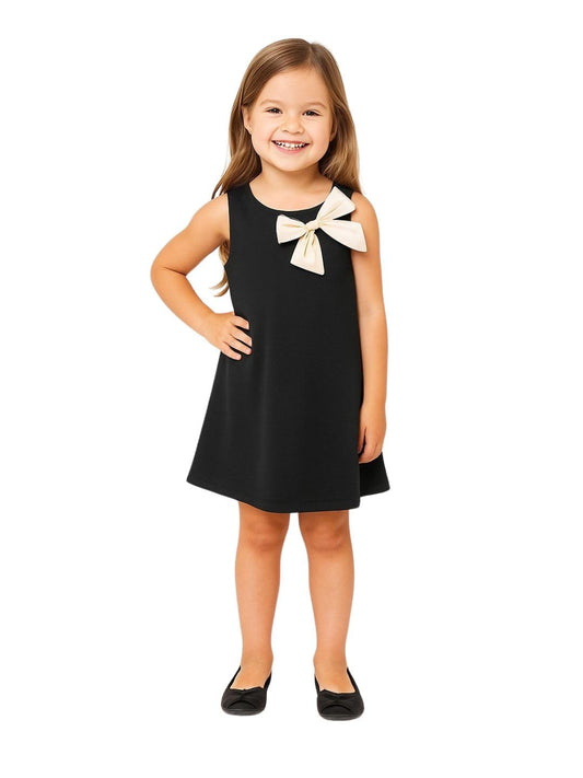 A.T.U.N. (ALL THINGS UBER NICE) Girls Stylish Suzy Dress with Contrast Bow | Sleeveless Soft Stretchable Knee Length Dress Black