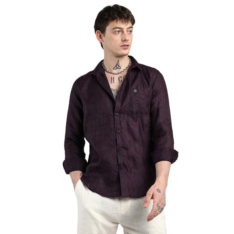 Campus Sutra Mens Plum Purple Embroidered One-Lined Shirt for Casual Wear | Spread Collar | Long Sleeve | Button Closure | Shir