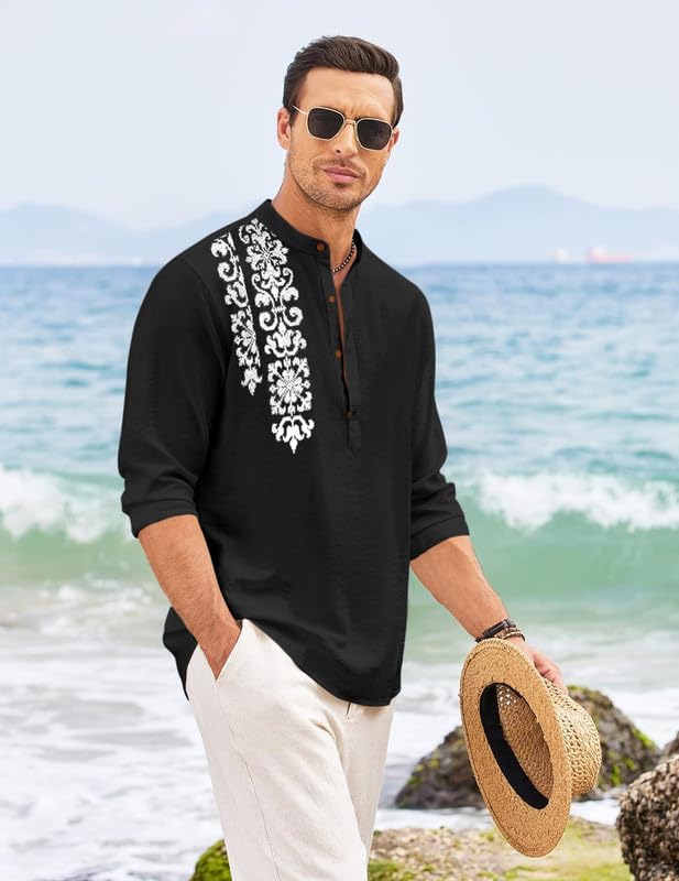 Finivo Fashion MenS Regular Fit Cotton Blend Short Kurta Shirt | Full Sleeve Ethnic Shirt With Mandarin Collar And Button Plack