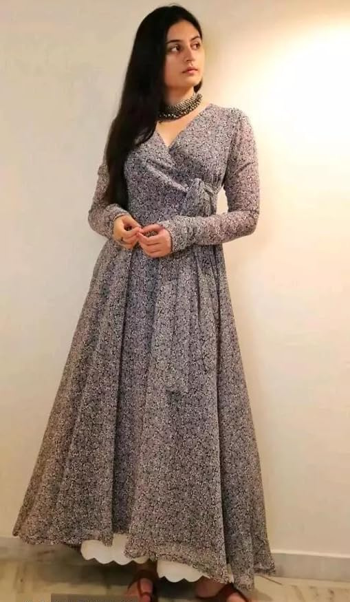Fashion2wear Womens Georgette Fit and Flare V-Neck Gown Elegant Silhouette in Effortless Style | 3/4 Sleeve | Dress for Women (