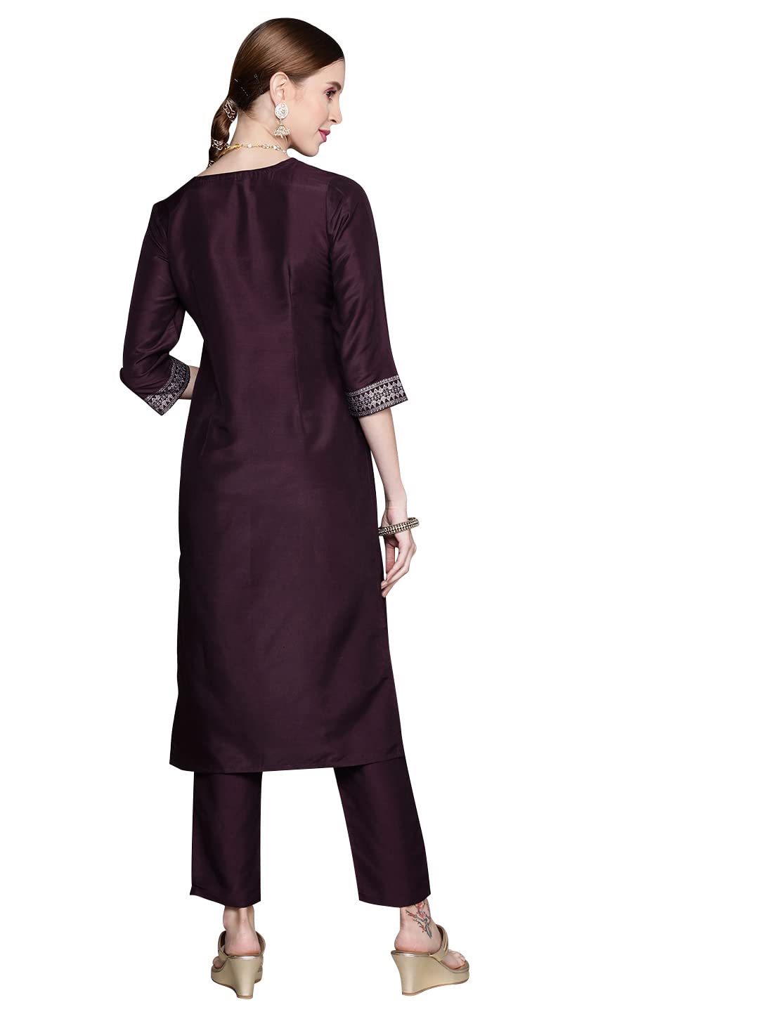 ZIYAA Women's Purple Chinon Straight Kurta And Pant Set(ZIKUCH3801ANDPA)