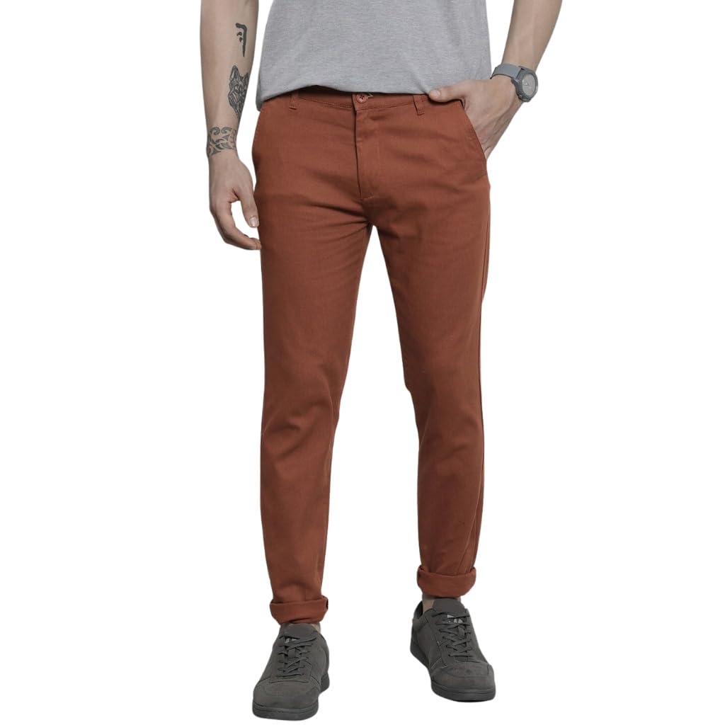 The Indian Garage Co Men Slim Fit Solid Mid-Rise Stretchable Chinos Rustic Brown