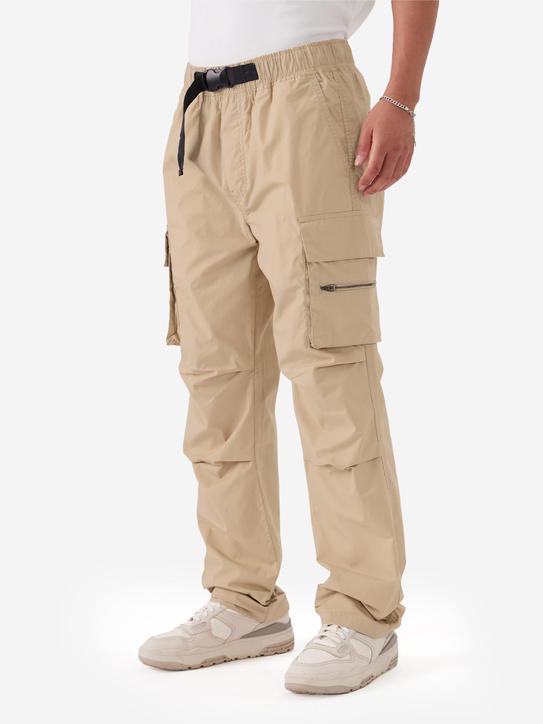 The Souled Store Solids: Creamy Beige Men and Boys Straight Fit Cotton Parachute Pants