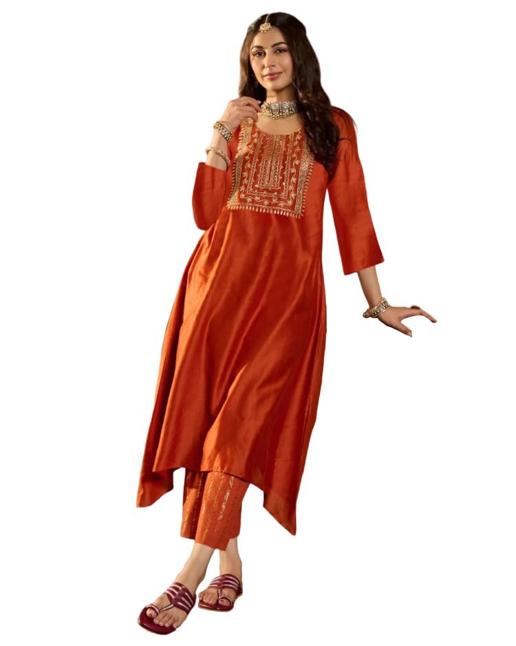 Anni Designer WomenS Rayon Viscose Anarkali Embroidery Solid Kurta With Pant (Wincy Orange_Xxl_Orange_Xx-Large)