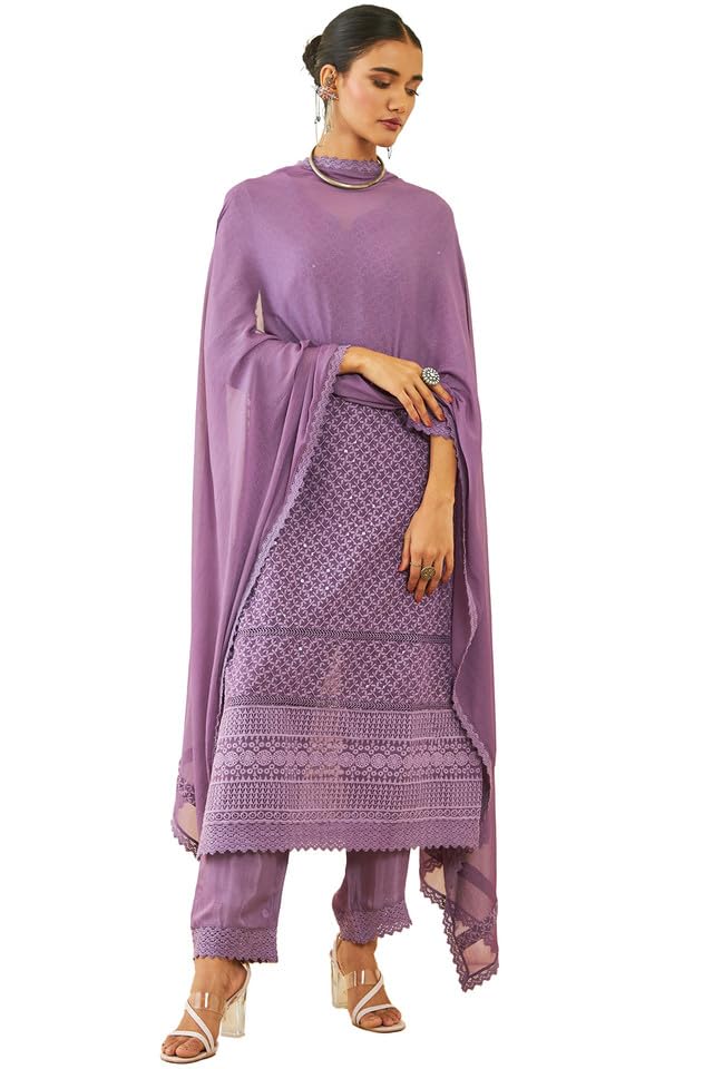 Soch Womens Purple Georgette All-Over Sequin Embroidered Suit Set with Dupatta