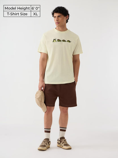 The Souled Store Relaxed T-Shirt: Tired Frog Men and Boys Short Sleeves Round Neck Green Embroidered Cotton Relaxed Fit T-Shirts