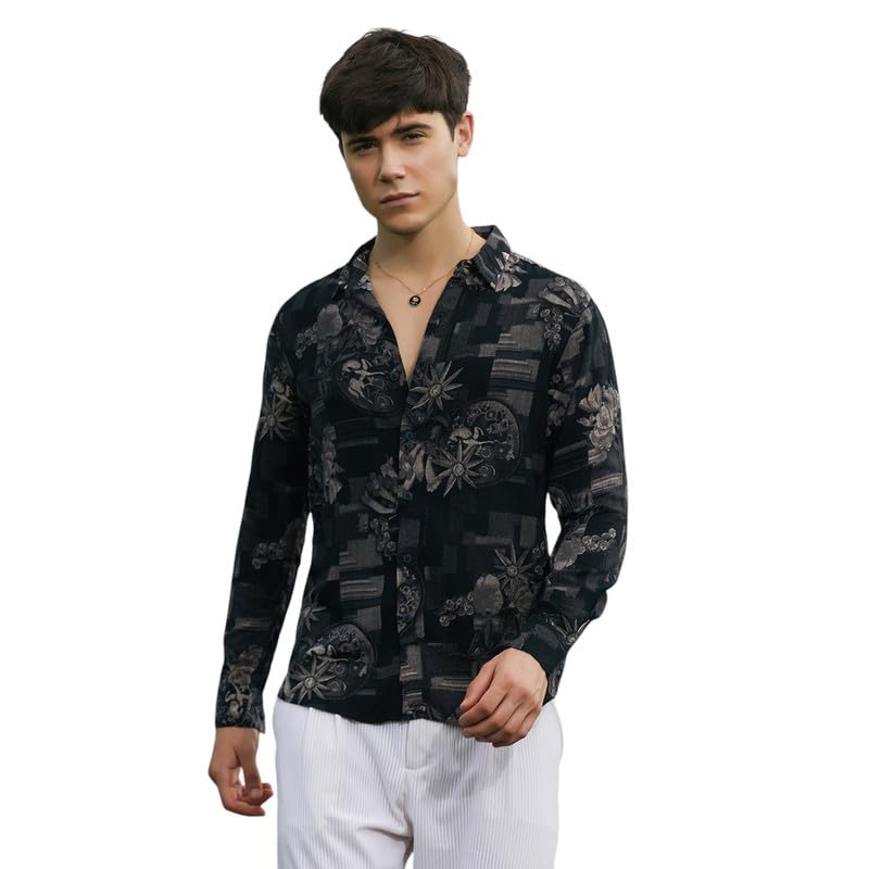 Campus Sutra Mens Midnight Black Bloom-Imprint Shirt for Casual Wear | Spread Collar | Long Cuffed Sleeves | Button Closure | S
