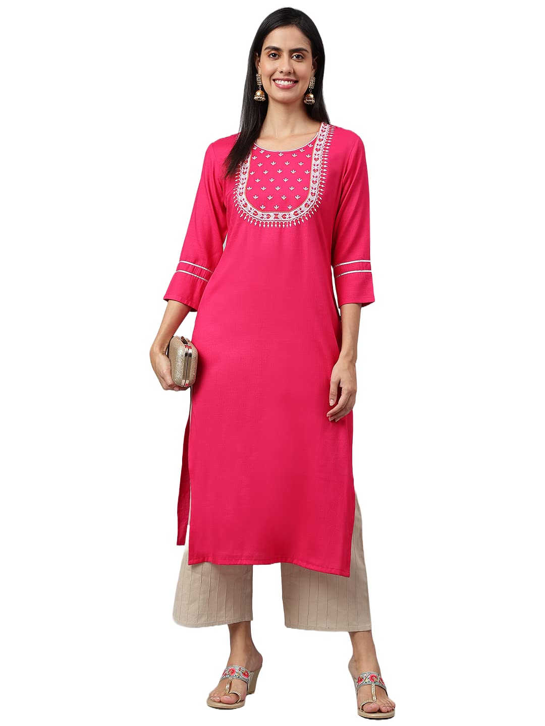 ANNI DESIGNER Womens Cotton Blend Straight Solid Kurta (Satya Pink_L_Pink_Large)