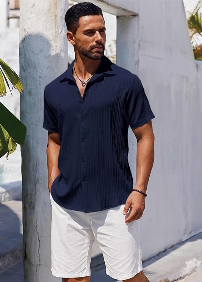 CB-COLEBROOK Mens Casual Button Down Soft Linen Shirts Short Sleeve Textured Summer Beach Shirts for Men (in, Alpha, L, Regular