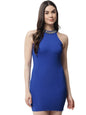 Popwings Solid Halter Neck Bodycon Dresses For Women| Polyester Sleeveless Knee Length Bodycon Women Dress Royal Blue