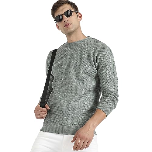 Campus Sutra MenS Sage Green Textured Knit Pullover Sweater For Casual Wear | Crew Neck | Long Sleeve | Pull On Closure | Cotto