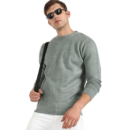Campus Sutra MenS Sage Green Textured Knit Pullover Sweater For Casual Wear | Crew Neck | Long Sleeve | Pull On Closure | Cotto