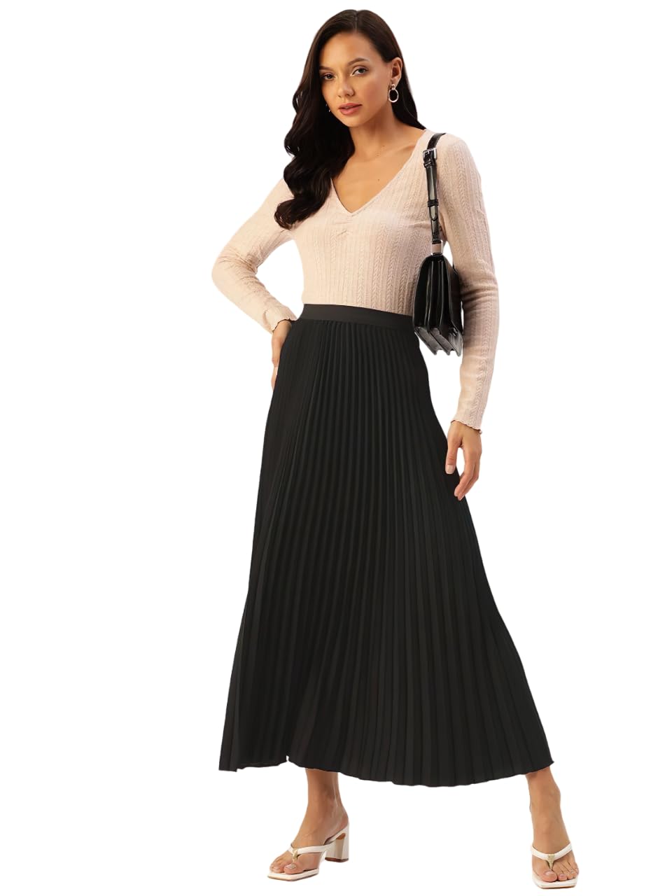 Kzully | Flowing Grace WomenS Satin Accordian Pleat Maxi Flared Skirt Black