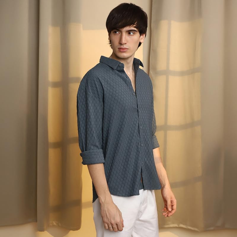 Campus Sutra Mens Charcoal Grey Honeycomb-Textured Oversized Shirt | Casual Wear | Spread Collar | Long Sleeve | Button Closure