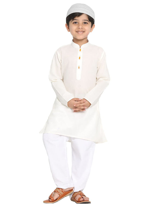 Jbn Creation Boys Cream Cotton Blend Kurta Pyjama And Cap Set