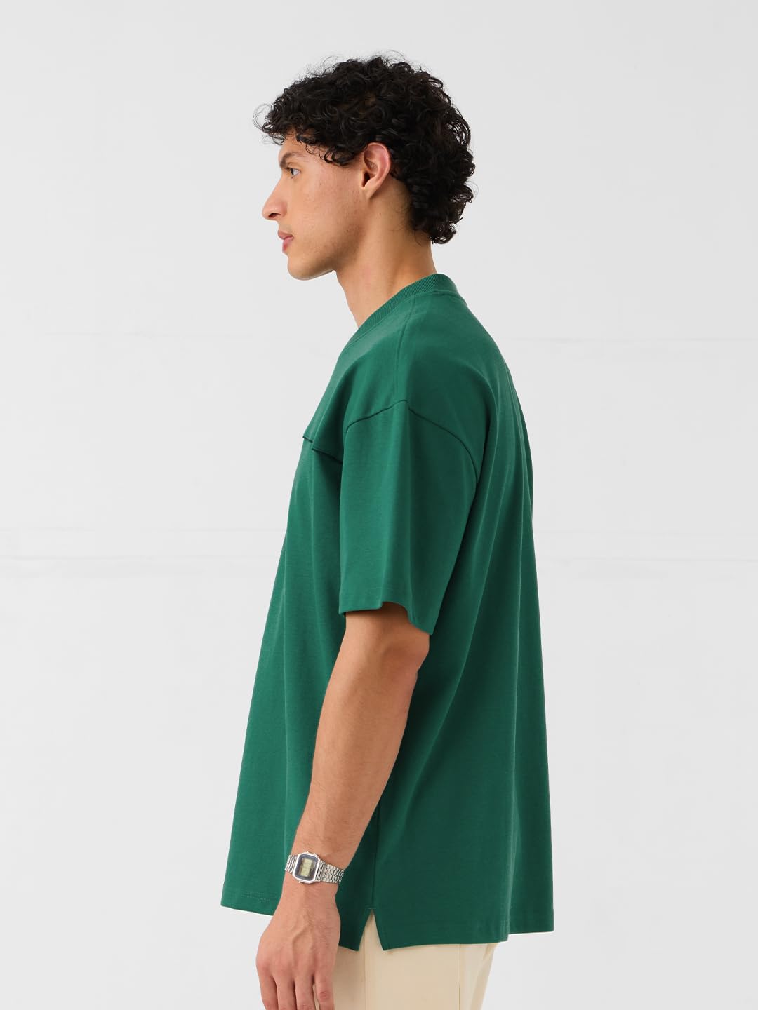 The Souled Store Originals: Varsity Men and Boys Short Sleeves V Neck Emerald Solid Cotton Oversized T-Shirts