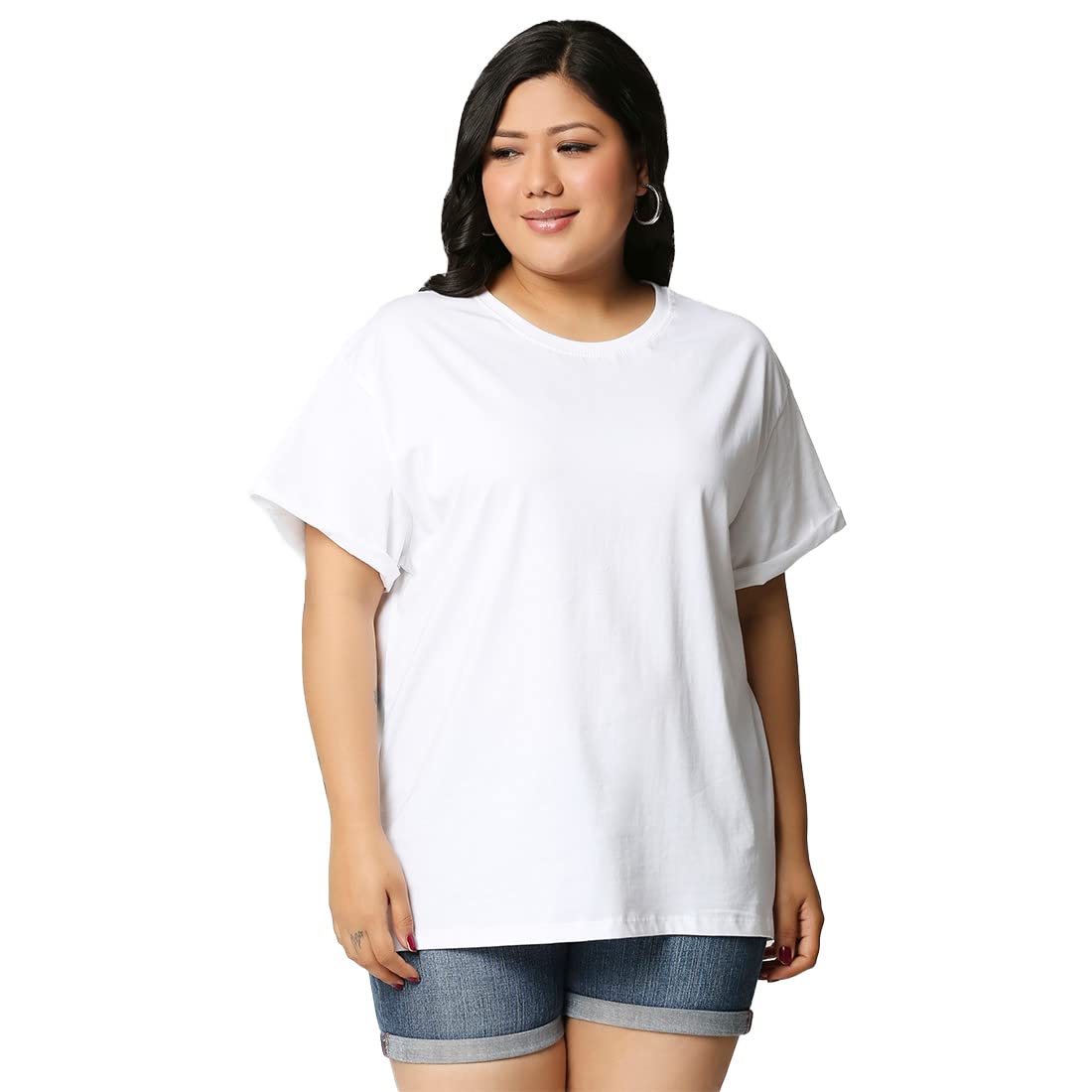 Bewakoof Womens Solid 100% Cotton Plus Size T-Shirt - Boyfriend Fit, Round Neck, Half Sleeve