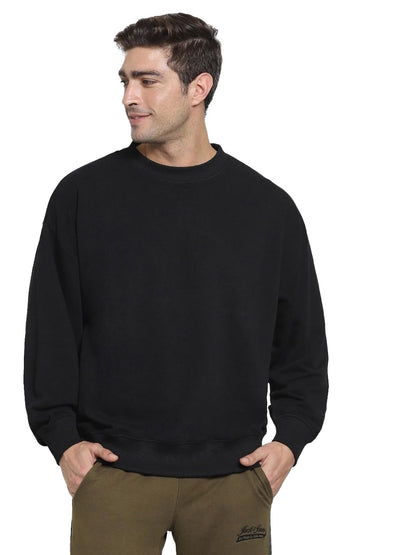 Bewakoof Mens Solid Oversized Fit Full Sleeve Round Neck Unbrushed Fleece Sweatshirt Black