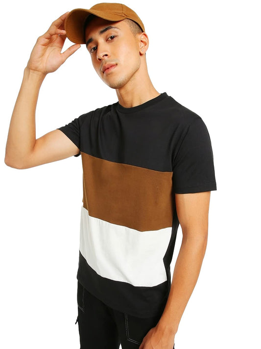 Bewakoof Mens Color Block 100% Cotton T-Shirt - Regular Fit, Round Neck, Half Sleeves Brown