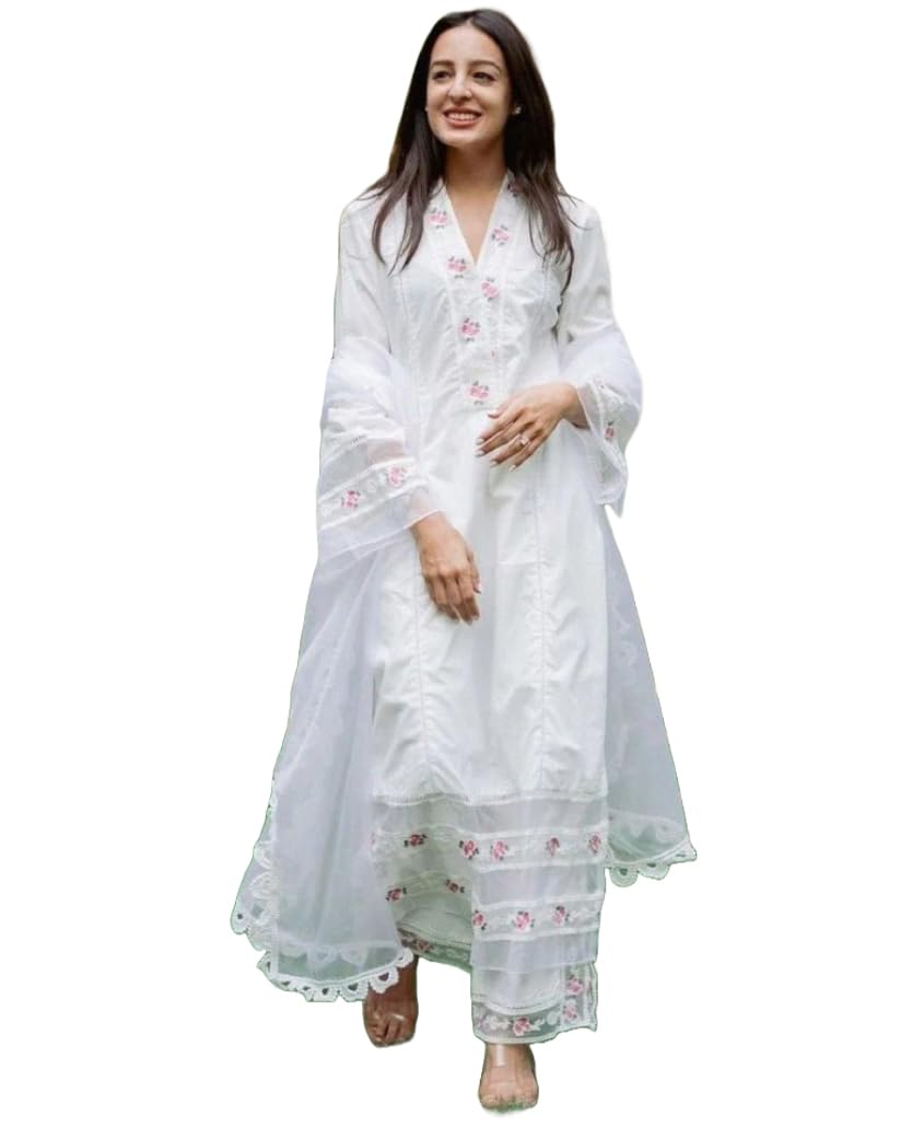 ANNI DESIGNER Womens Cotton Blend Embroidered Straight Kurta with Pant & Dupatta (Arora White_XL_White_X-Large)