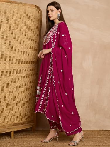 Serona Fabrics WomenS Faux Georgette Thread Embroidered Work Kurta With Palazzos & Dupatta