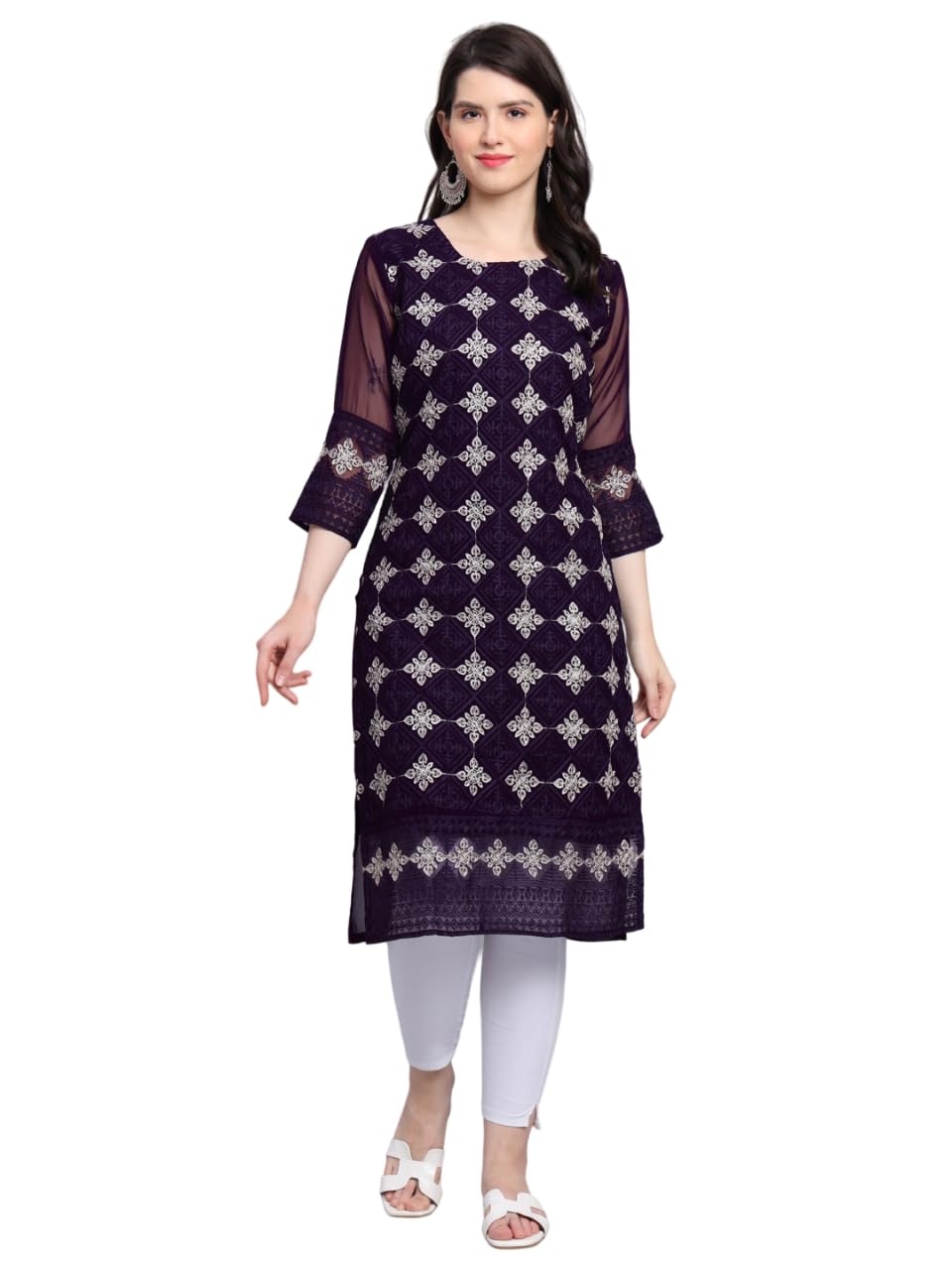 Ekasya WomenS Georgette Straight Cut Sweetheart Round Neck Kurta With Beautiful Lucknowi Chickenkari Embroidery Work (E1606) Wi