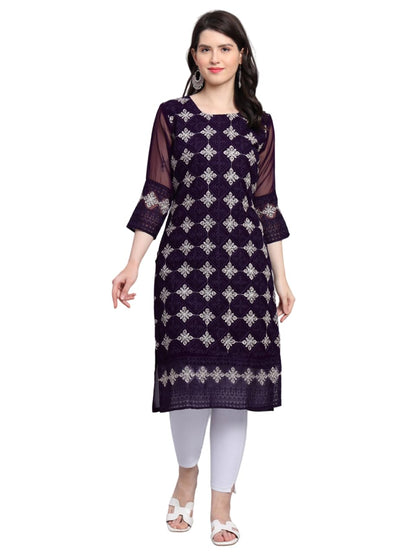Ekasya WomenS Georgette Straight Cut Sweetheart Round Neck Kurta With Beautiful Lucknowi Chickenkari Embroidery Work (E1606) Wi