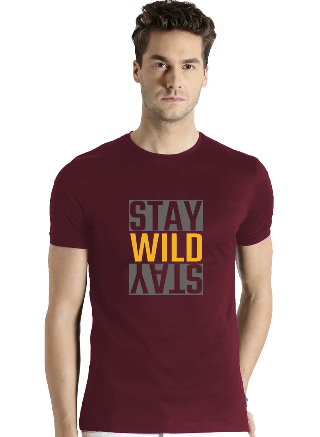 ADRO Men's Stay Wild Typography Printed Cotton T-Shirt (RNR-M-Wild-MR_Maroon)