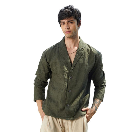 Campus Sutra Mens Army Green Wrinked Korean Oversized Shirt for Casual Wear | Lapel Collar | Long Sleeve | Button Closure | Ove