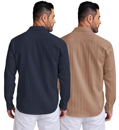Deelmo Combo Of MenS Casual Button Down Shirts Long Sleeve Linen Shirt Fashion Textured Summer Shirts Pack Of 2