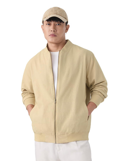 The Souled Store Cotton Linen Jacket: Dune Men and Boys Full Sleeves Band Neck Solid Lightweight Oversized Fit Casual Summer Str