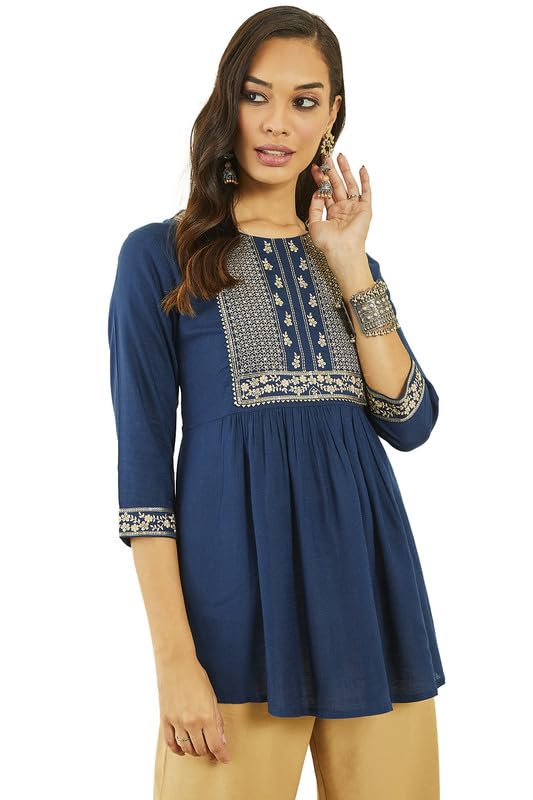 Soch Womens Teal Rayon Slub Floral Embroidered Tunic with Sequin Embellishments