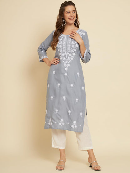 Ekasya WomenS Soft Cotton Slub Straight Cut Round Neck Kurta With Beautiful Floral Embroidery Work (E1572) Grey