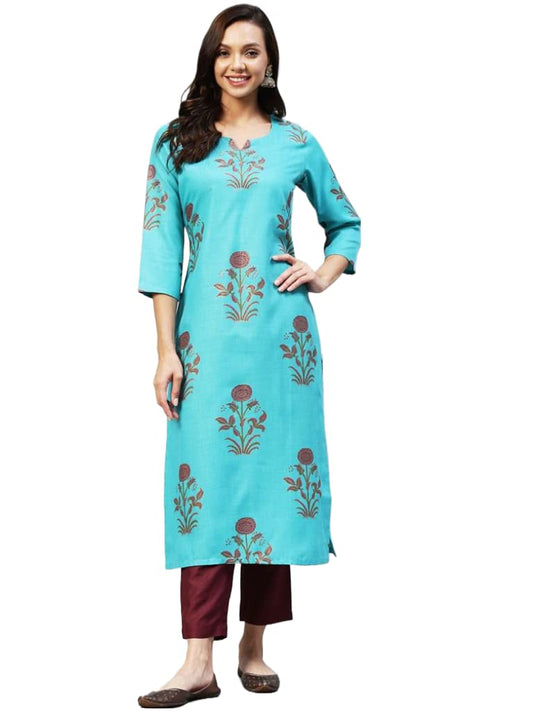 ANNI DESIGNER Women's Cotton Blend Printed Straight Kurta with Pant (Team)