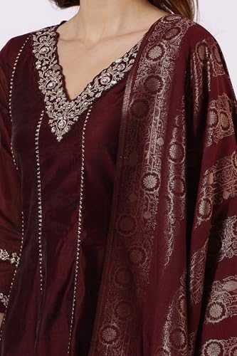 W Maroon A-line Kurta, Straight Pant & Dupatta for Women