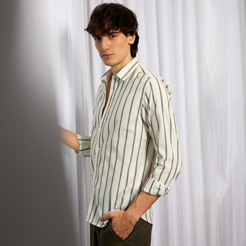Campus Sutra Mens Saltbox Beige & Sage Green Lined Halo-Striped Shirt | Casual Wear | Spread Collar | Long Sleeve | Button Clos