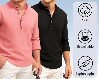 Deelmo Combo Of MenS Cotton Blend Solid Regular Fit Full Sleeve Short Kurta | MenS Trendy Short Kurta Pack Of 2
