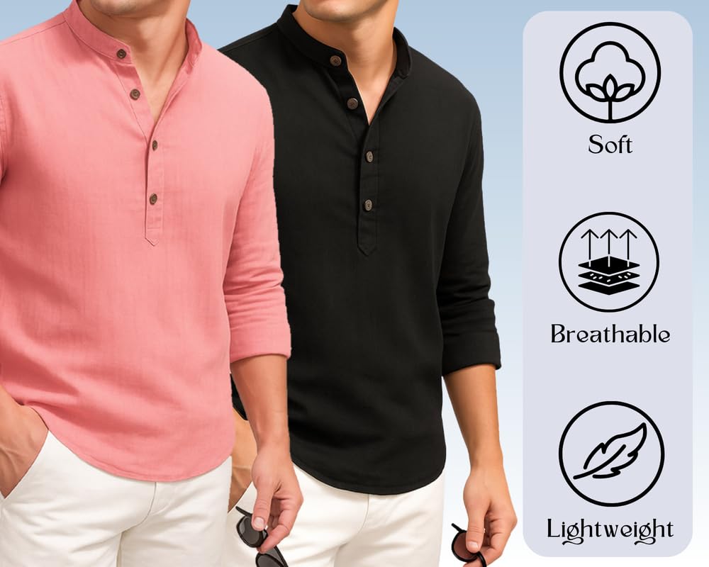 Deemoon Combo Of MenS Cotton Blend Solid Regular Fit Full Sleeve Short Kurta | MenS Trendy Short Kurta Pack Of 2 (Available In